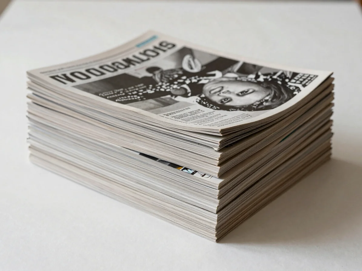 Overhead view of a neat stack of folded magazines and periodical