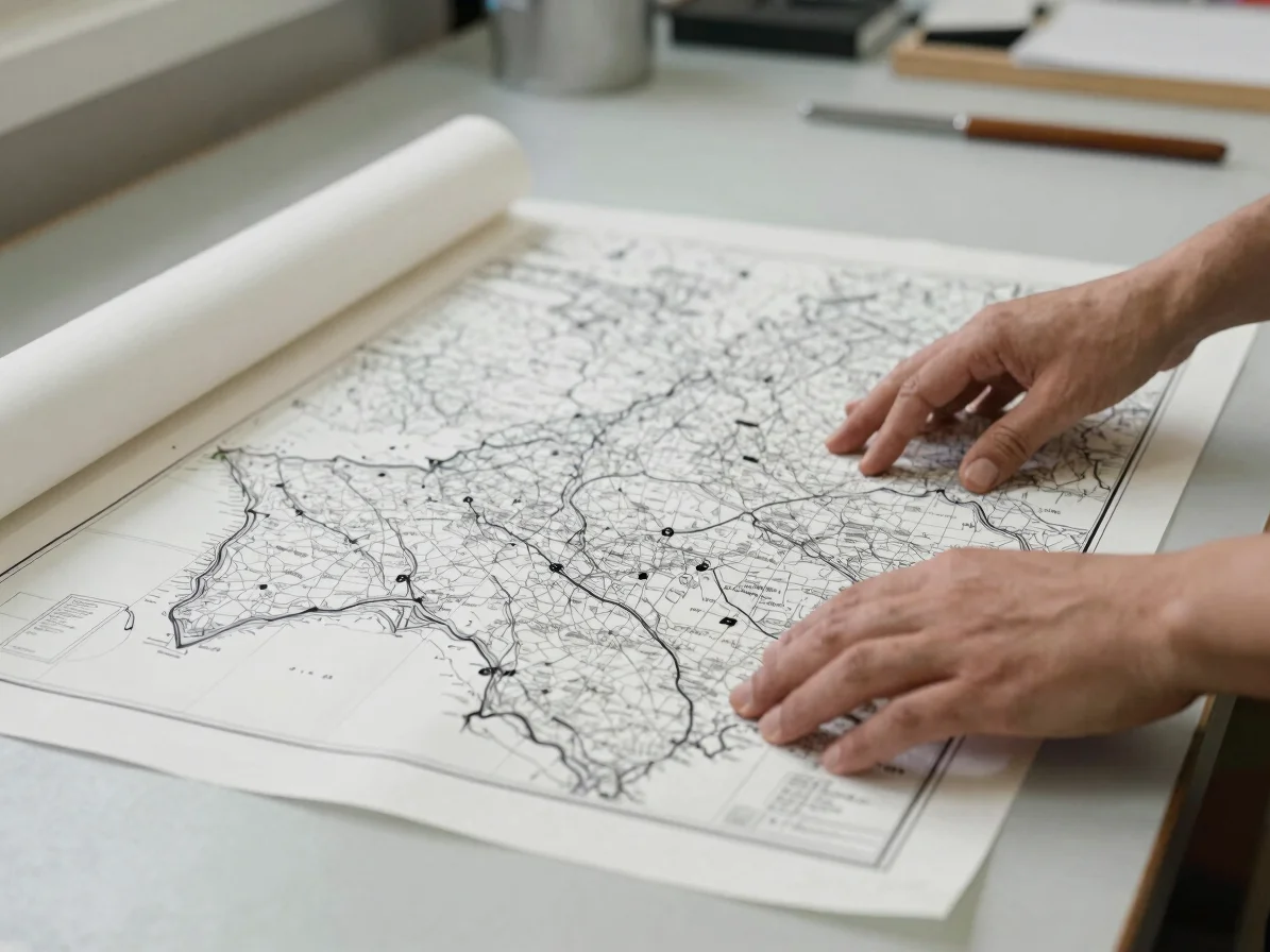 Hands gently unrolling a printed map on a clean worktable, soft e