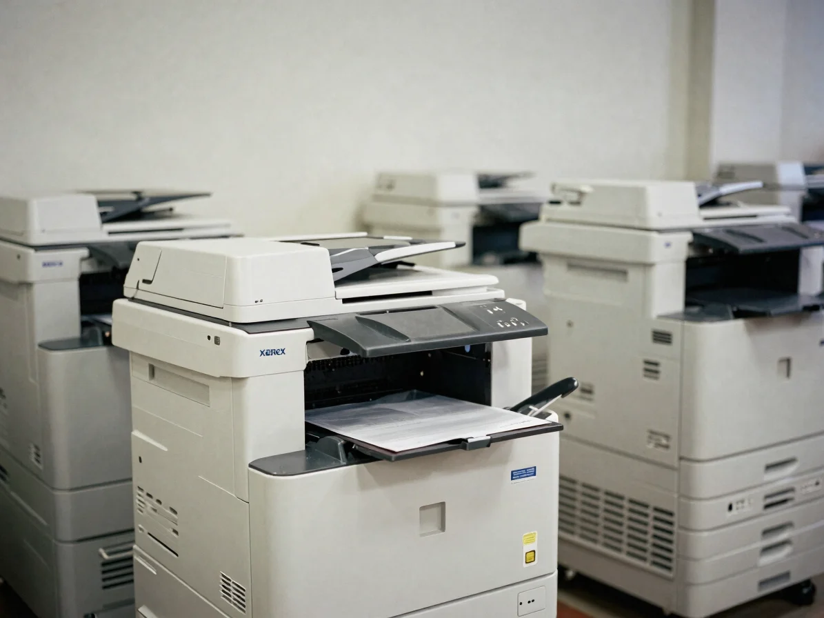 Wide view of a Xerox copier and printing equipment in a tidy prin