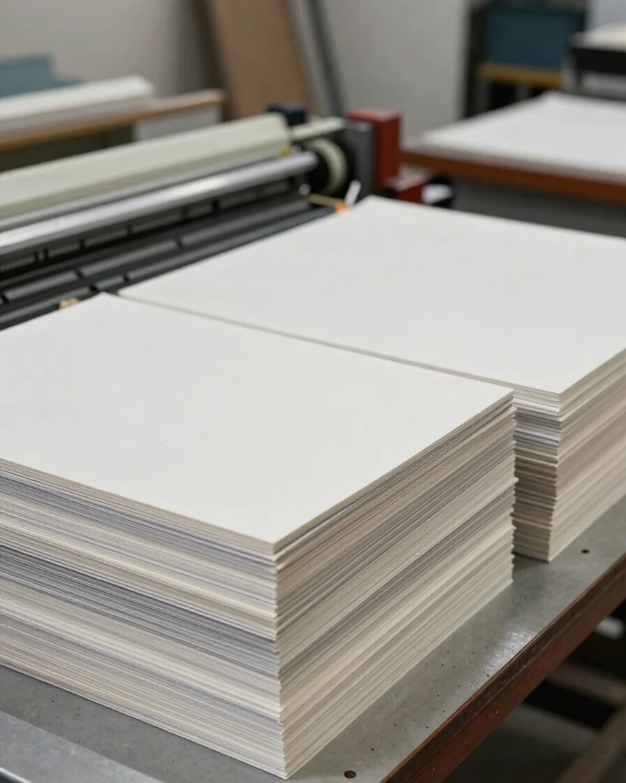 Documentary print-shop view of paper stacks and a finishing table in soft neutral daylight, close detail of paper edges